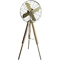 Vintage Style Industrial Pedestal Fan with Natural Teak Wood Tripod Stand, Brass Rotating Electric Air Circulator, Floor Standing