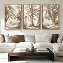 Vintage Tree Canvas Wall Art Framed Rustic Tree Landscape Sketch Antique Painting Neutral Forest Wall Decor 24x36 Inch Farmhouse Botanical Set of 3 for Living Room Bedroom