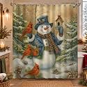 Vintage Winter Christmas Snowman Shower Curtain, Rustic Retro Cute Xmas Holiday Bath Curtains, Farmhouse Winter Forest Cardinal Bird Fabric Bathroom Accessories with Hooks, 72X72in