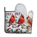 Vintage Winter Oven Mitts and Pot Holders Sets Classic Red Bird Prints Oven Mitts Heat Resistant Snow Tree Kitchen Gloves Hot Pads Two Piece Set for Cooking Baking Grilling BBQ