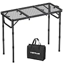 VINTEAM Folding Grill Table with Mesh Top, 3 Adjustable Heights, Lightweight Portable Camping Table, Black Aluminum Alloy BBQ Picnic Table for Outdoor Cooking, Tailgating, Beach, RV & Backyard