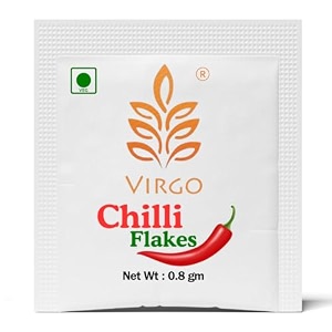 virgo chilli flakes sachets simply sprinkle on dishes to enhance a chilli flavour pizza companiant chilli flakes sprinkler make pasta with fresh flakes of chillies 08g x 150nos 120 gram
