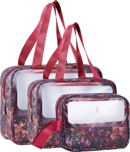 virtuous set of 3 multipurpose wash bags with transparent window  zipper closure red white