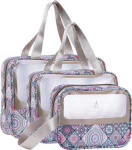 virtuous set of 3 multipurpose wash bags with transparent window  zipper closure blue silver
