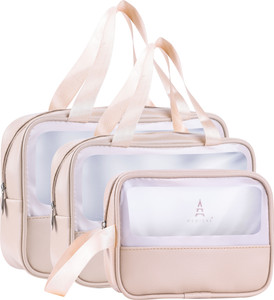 virtuous set of 3 multipurpose wash bags with transparent window  zipper closure white gold