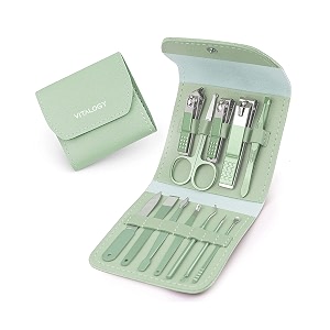 vitalogy - manicure pedicure kit for women for foot hand amp face care with travel case  nail cutter kit set nail clipper eyebrow scissors tweezers nail file grooming kit for men amp women - 12 in 1 kit green