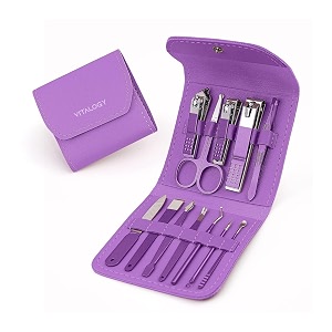 vitalogy - manicure pedicure kit for women for foot hand amp face care with travel case  nail cutter kit set nail clipper eyebrow scissors tweezers nail file grooming kit for men amp women - 12 in 1 kit purple