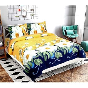 vivan  era of warmth amp comfort floral printed microfiber wrinklefree super soft 144 tc bedsheet for double bed with 2 pillow covers  breathable and skin friendly 220x228 cm white-yellow