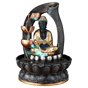 buddha tabletop water fountain with led lights  polyresin indoor outdoor waterfall showpiece for home amp office decor  feng shui vastu gift black-gold