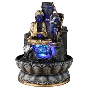 polyresin buddha water fountain for home decor with led lights - indoor waterfall fountain for living room or garden for family occason black-gold