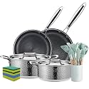 Vivicreate 20 Piece Tri-Ply Stainless Steel Cookware Set, Hammered Pots and Pans Set with 2 Nonstick Frying Pans and Pots with Lids, 304 Interior, Induction Compatible
