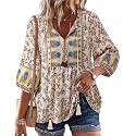 Vivilli Womens Fall Boho Babydoll Tops 3/4 Sleeve Pleated Peplum Blouses Casual V Neck Tie Front 2026 Tunic Tops
