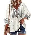 Vivilli Womens Fall Boho Babydoll Tops 3/4 Sleeve Pleated Peplum Blouses Casual V Neck Tie Front 2026 Tunic Tops