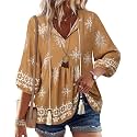 Vivilli Womens Fall Boho Babydoll Tops 3/4 Sleeve Pleated Peplum Blouses Casual V Neck Tie Front 2026 Tunic Tops