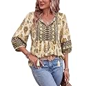 Vivilli Womens Fall Boho Babydoll Tops 3/4 Sleeve Pleated Peplum Blouses Casual V Neck Tie Front 2026 Tunic Tops