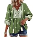 Vivilli Womens Summer Boho Babydoll Tops 3/4 Sleeve Pleated Peplum Blouses Casual V Neck Tie Front 2026 Tunic Tops