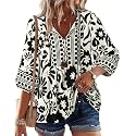 Vivilli Womens Summer Boho Babydoll Tops 3/4 Sleeve Pleated Peplum Blouses Casual V Neck Tie Front 2026 Tunic Tops