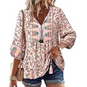 Vivilli Womens Fall Boho Babydoll Tops 3/4 Sleeve Pleated Peplum Blouses Casual V Neck Tie Front 2026 Tunic Tops