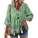 Vivilli Womens Fall Boho Babydoll Tops 3/4 Sleeve Pleated Peplum Blouses Casual V Neck Tie Front 2026 Tunic Tops
