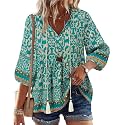 Vivilli Womens Fall Boho Babydoll Tops 3/4 Sleeve Pleated Peplum Blouses Casual V Neck Tie Front 2026 Tunic Tops