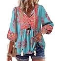 Vivilli Womens Fall Boho Babydoll Tops 3/4 Sleeve Pleated Peplum Blouses Casual V Neck Tie Front 2026 Tunic Tops