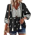 Vivilli Womens Fall Boho Babydoll Tops 3/4 Sleeve Pleated Peplum Blouses Casual V Neck Tie Front 2026 Tunic Tops