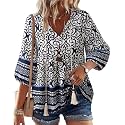 Vivilli Womens Fall Boho Babydoll Tops 3/4 Sleeve Pleated Peplum Blouses Casual V Neck Tie Front 2026 Tunic Tops