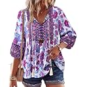 Vivilli Womens Fall Boho Babydoll Tops 3/4 Sleeve Pleated Peplum Blouses Casual V Neck Tie Front 2026 Tunic Tops