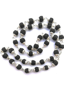 vivity mahakal shivji natural himalaya black beads simple mala original silver plated brass copper chain