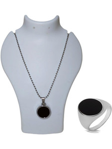 vivity vintage 3d round disc bar pendant cuboid signet black locket ring combo silver plated alloy chain