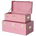 Vixdonos Decorative Large Metal Box Storage Trunk Chest Set of 2 College Dorm Organizer with Hardware Hasps and Handle for Home Deocr,23.7X14.2X9.5 Inches,Deep Pink