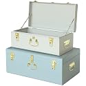 Vixdonos Decorative Large Metal Box Storage Trunk Chest Set of 2 College Dorm Organizer with Hardware Hasps and Handle for Home Deocr,23.7X14.2X9.5 Inches(White and Blue)