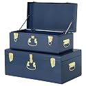 Vixdonos Decorative Large Metal Box Storage Trunk Chest Set of 2 College Dorm Organizer with Hardware Hasps and Handle for Home Deocr,23.7X14.2X9.5 Inches,Dark Blue