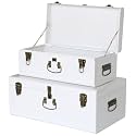 Vixdonos Decorative Metal Box Storage Trunks Set of 2 College Dorm Chest with Handle (White with Bronze Latches)