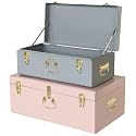 Vixdonos Decorative Metal Box Storage Trunks Set of 2 College Dorm Chest with Lock Hole,23.7X14.2X9.5 Inches(Grey and Pink)