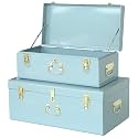 Vixdonos Metal Trunk Decorative Storage Box Set of 2 College Dorm Chest with Handle (Light Blue)