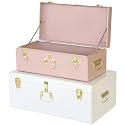 Vixdonos Metal Trunk Decorative Storage Box Set of 2 College Dorm Chest with Handle (Pink and White)