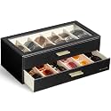 VLANDO 12-Slot Sunglasses Organizer Case with Clear Lid &amp; 2 Drawers,Black