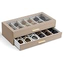 VLANDO 12-Slot Sunglasses Organizer Case with Clear Lid &amp; 2 Drawers,Toffee