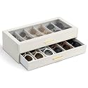 VLANDO 12-Slot Sunglasses Organizer Case with Clear Lid &amp; 2 Drawers,Beige