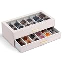 VLANDO 12-Slot Sunglasses Organizer Case with Clear Lid &amp; 2 Drawers,Apricot
