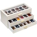 VLANDO 18-Slot Sunglasses Organizer Case with Clear Lid &amp; 3 Drawers,Beige