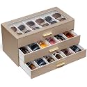 VLANDO 18-Slot Sunglasses Organizer Case with Clear Lid &amp; 3 Drawers,Toffee