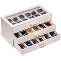 VLANDO 18-Slot Sunglasses Organizer with Clear Lid &amp; 3 Drawers,Apricot Pink