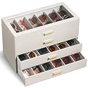 VLANDO 24-Slot Sunglasses Organizer Case with Clear Lid & 4 Drawers,Beige