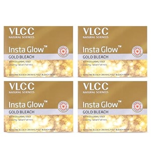vlcc insta glow gold bleach - 30g x 4 pack of 4 - with colloidal glow for glowing fairness  skin brightening bleach  perfect skin match reduces facial hair visibility brightens complexion