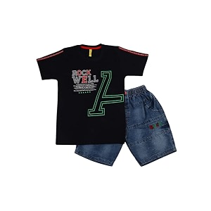 vmart boys printed knit-denim round neck baba suit