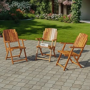 vmdj folding chair - solid sheesham wood made portable foldable indoor chairs 3 brwon color