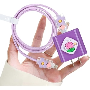 cartoon 3d design protective case for 18w 20w iphone 14 13 12 11 pro max fast charging cable adapter charger cute cartoon lightning data cable case for iphone charger purple lotus
