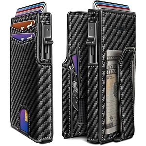vogard slim rfid blocking wallet for men  pop-up card holder with money clip amp coin pocket  magnetic flip leather wallet  holds 9 cards cash amp keys  carbon fibre